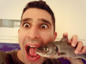 Stef getting ready to cook Mr Sea Bass